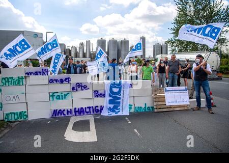 Edewecht, Deutschland. Juni 2021. Milchbauern demonstrieren vor dem DKM Deutsches Milchkontor zu vernünftigen Milchpreisen. Angesichts extrem hoher Futtermittel- und Energiekosten bei nur moderat steigenden Milchpreisen ruft die Arbeitsgemeinschaft bäuerliche Landwirtschaft (ABl) zu einem Protest unter dem Motto "kein Spaß mehr - keine Wände mehr! Quelle: Sina Schuldt/dpa/Alamy Live News Stockfoto