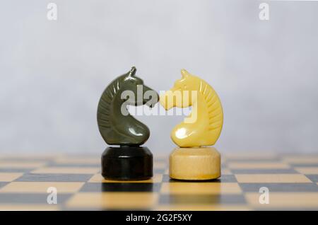 Die schwarz-weißen Ritter stehen auf dem Schachbrett einander gegenüber. Schachfiguren, Seitenansicht Stockfoto