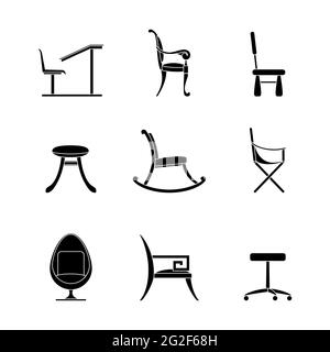 Stühle Glyphen Symbole gesetzt . Verschiedene Optionen für Stühle und Sessel. Schwarze Umrisse von Innenräumen auf weißem Hintergrund isoliert. Leitrechner, ch Stock Vektor