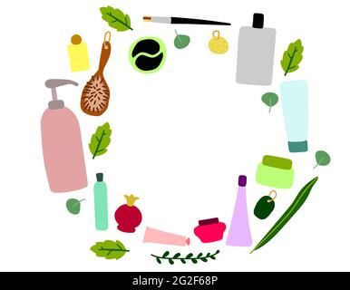 Skandinavischer Vektor-Satz von Kosmetika und Pflanzen. Farbkranz von Verpackungen, Flaschen, Tuben mit Kosmetik, Shampoo, Seife, Creme, Maske, Pflaster. Kopie sp Stock Vektor