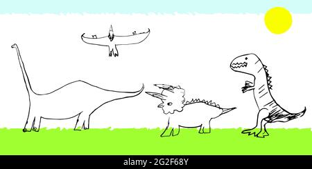 Satz von Dinosauriern Pterodactyl, tyrannosaurus, Triceratops, diplodocus auf dem Rasen unter der Sonne. Vektor Stock Illustration für Banner, Poster, Design Stock Vektor