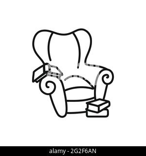 Ikone eines gemütlichen Stuhls mit Büchern. Umriss Sessel isoliert auf weißem Hintergrund. Linienschild Ruhe, zu Hause arbeiten, Komfort, Bildung, zu Hause bleiben, Innen. Stock Vektor