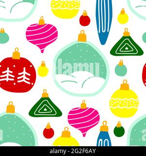 Nahtloses Vektor-Neujahrsmuster. Mehrfarbige Weihnachtsdekorationen isoliert auf weißem Hintergrund. Rote, gelbe, blaue, grüne, rosa Kugeln mit Linien, s Stock Vektor