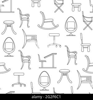 Stühle und Sessel in nahtlosem Muster. Satz von Line Icons Stühle. Schwarze Umrisse von Innenräumen auf weißem Hintergrund isoliert. Computer, Kinder, Kamera Stock Vektor