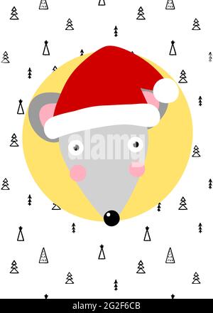 Niedliche skandinavische Weihnachtskarte. Das Gesicht der Maus in rotem Weihnachtsmann Hut. Handgezeichnete Doodle Weihnachtsbäume Hintergrund. Vektor gemütlich Weihnachten Illustration für Stock Vektor