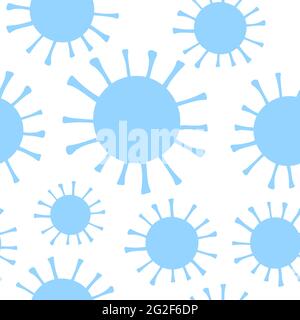 Nahtloses Coronavirus-Vektormuster. Zeichen von 2019-nCoV, MERS-Cov, neuartigem Coronavirus. Abstrakter neutraler hellblauer Hintergrund mit Virusstamm-Modell fo Stock Vektor