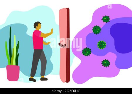 „Stay Home“-Konzept. Der isolierte Mensch ist vor Infektionen, dem Coronavirus, geschützt. Charakter mit erhobenen Händen ein Stopp-Covid-19-Symbol auf flüssigem Hintergrund. Stock Vektor