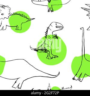 Vektor Nahtloses Muster mit Pterodactyl, Tyrannosaurus, Triceratops, Diplodocus. Illustration mit Dinosauriern auf weißem Hintergrund für Textilien, Wand Stock Vektor
