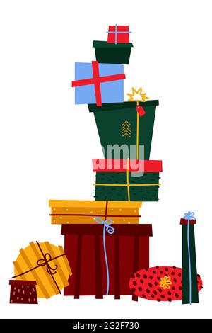 Weihnachtsgeschenke im skandinavischen Stil Konzept. Stapel von farbigen Geschenken isoliert auf weißem Hintergrund. Neujahrsgrüße eingestellt. Dekorierte Boxen mit Rippenbund Stock Vektor