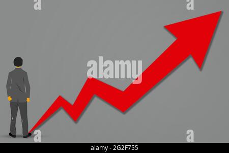 Geschäftsmann, der an die wachsende rote Grafik, 3D-Rendering denkt Stockfoto