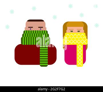Farbige Ikonen Mann und Frau in Tüchern in der Krankheitssaison. Stop Virus Winter Vektor Stock Illustration mit Schnee und warme Kleidung. Zeichen mit Stock Vektor