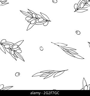 Nahtloses Schwarz-Weiß-Muster Oliven. Skizzieren Sie Olivenzweige isoliert auf weißem Hintergrund. Nach dem Zufallsprinzip angeordnete Beeren und Olivenblätter. Vektormaterial Stock Vektor