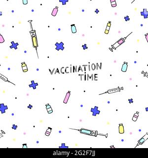 Impfzeit. Nahtloses medizinisches Doodle-Muster. Influenza, Krankheit, Krankheitsvorbeugung, Gesundheitsversorgung. Vektorgrafik mit pharmazeutischer Hand-d Stock Vektor