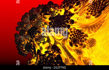 Wunderschöner vulkanischer Hintergrund, Landschaft mit oranger Lava, die ins Meerwasser fließt, Felsen und trockene Bäume vor rosafarbenem Himmel Stockfoto