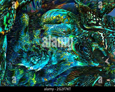Fotos von der Herstellung einer Farbe Composite-Farbe. Mischen von Acrylfarbe in verschiedenen Farben. Marmoriert. Stockfoto