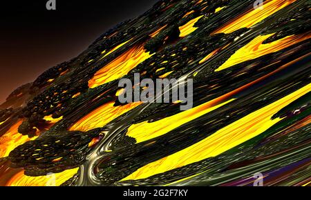 Blick auf erstaunliche Landschaft von Dampf Lavafeld auf einem anderen Planeten. Lava fraktale Welt von geometrischen Formen umgeben Stockfoto