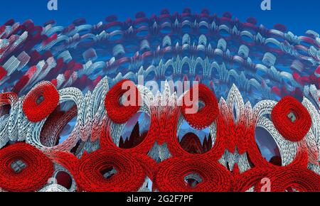 Sehen Sie sich diesen fraktalen Hintergrund konzentrischer Ringe auf einem roten, weißen und blauen Hintergrund an. Stockfoto