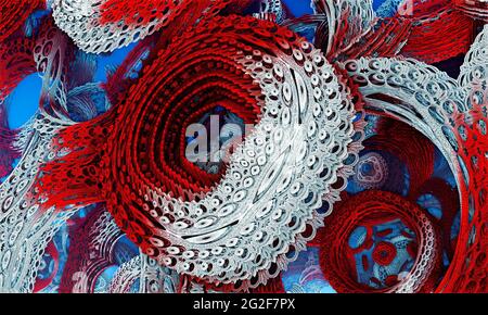 Riesiger geometrischer Fraktalhintergrund aus konzentrischen Ringen auf einem roten, weißen und blauen Hintergrund. Stockfoto