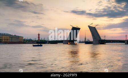 Palastbrücke bei weißer Nacht in St. Petersburg, Russland Stockfoto