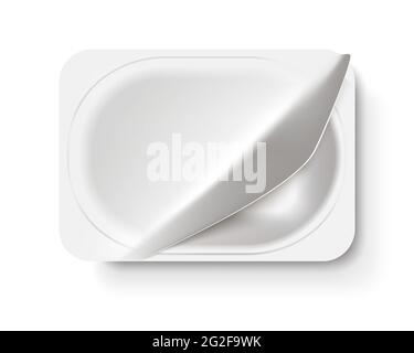 Verpackungskarton für Joghurt. Die Verpackungen fermentierter Milchprodukte sind leer. Draufsicht mit dem Deckel offen. Realistisches 3D-Layout. Für Werbung, Branding und Stock Vektor