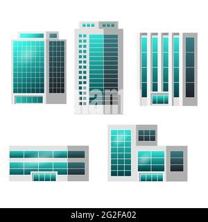 Satz von Stadtgebäuden isoliert, um ein modernes Stadtbild zu schaffen, für Infografik-Design, flacher Stil. Geschäftsbüro, Häuser, Einkaufszentrum mit gla Stock Vektor