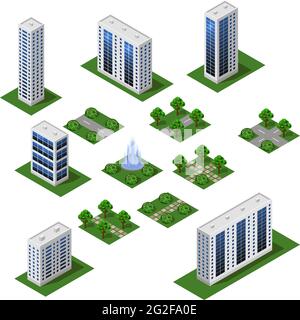 Isometrisches City Set. Urban Landscape 3d-Elemente zur Gestaltung des Stadtbildes. Große moderne Gebäude, Straße, Bäume, Stadtgarten. Isolierte Module. Vektorillust Stock Vektor