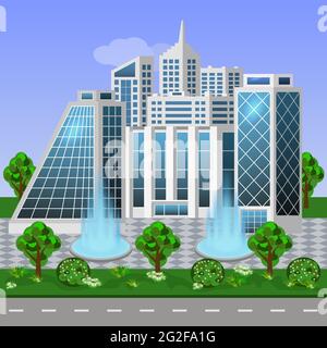 Eco City Stadtlandschaft. Moderne Gebäude, grüne Bäume und Sträucher, Brunnen. Stadtbild mit großen Häusern, Bürogebäuden, Straße. Flacher Vektor Stock Vektor