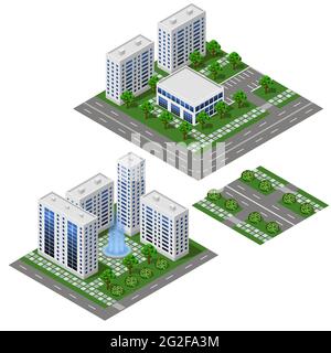 Modernes isometrisches Set der Stadt. Große Häuser und Gebäude, Straßen und Platz mit Bäumen und Brunnen. Isolierte Module für ein urbanes Stadtbild. Vektor-il Stock Vektor