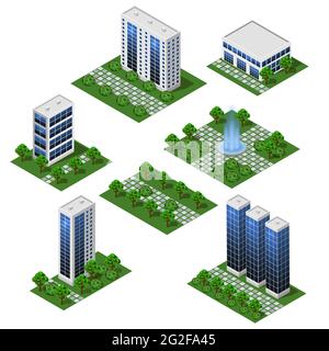 Moderne Stadtgebäude. Isometrischer Satz isolierter Module in flacher Ausführung. Große Häuser und Bürogebäude, Straße und Outdoor-Park. Für urbane Stadtlandschaften Stock Vektor