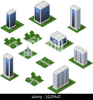 Isometrisches City Set. Urban Landscape 3d-Elemente zur Gestaltung des Stadtbildes. Große moderne Gebäude, Straße, Bäume, Stadtgarten. Isolierte Module. Vektorillust Stock Vektor