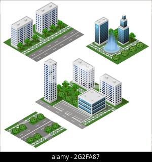 Modernes isometrisches Set der Stadt. Großes Büro- und Ladengebäude. Isolierte Module, Wohnhäuser, Straße und Platz mit Brunnen. Isolierte Module zu Crea Stock Vektor