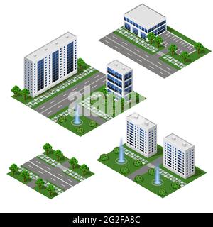 Modernes isometrisches Set der Stadt. Großes Büro- und Ladengebäude. Isolierte Module, Wohnhäuser, Straße und Platz mit Brunnen. Isolierte Module zu Crea Stock Vektor