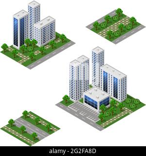 Isometrisches City Set. Urban Landscape 3d-Elemente zur Gestaltung des Stadtbildes. Große moderne Gebäude, Straße, Bäume, Stadtgarten. Isolierte Module. Vektorillust Stock Vektor