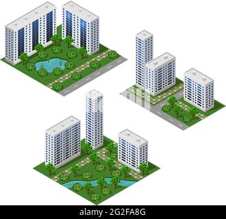 Isometrisches City Set. Urban Landscape 3d-Elemente zur Gestaltung des Stadtbildes. Große moderne Gebäude, Straße, Bäume, Stadtgarten mit Teich. Isolierte Module. Vec Stock Vektor