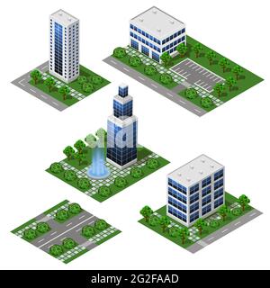 3D City Moderne Gebäude. Isometrische Stadtmodule isoliert, Straßen-, Geschäfts- und Bürogebäude, Häuser. Vektor-Set für Stadtlandschaften, Metropole Stock Vektor