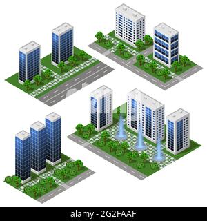 modernes 3d-Stadtgebäude. Isometrische Öko-City-Module isoliert mit Bürogebäuden, Häusern, Straßen und Parkflächen mit Bäumen und Brunnen. Für die Stadt Stock Vektor