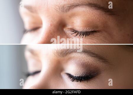 Frau Gesicht Haut Make-Up. Vorher Und Nachher Vergleichen Stockfoto