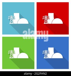 Kernkraftwerk Icon Set, flache Design Vektor Illustration in eps 10 für webdesign und mobile Anwendungen in vier Farbvarianten Stock Vektor