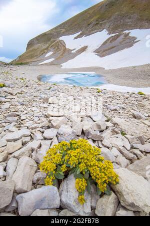 Monte Redentore und Pilato See (Italien) - der Landschaftgipfel des Monte Redentore mit Pilato See, zwischen den Regionen Umbrien und Marken, Sibillini. Stockfoto