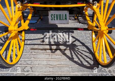 Traditionelle Pferdekutsche mit Sevillaner Führerscheintafel. Santa Cruz Nachbarschaft, Sevilla, Andalusien, Spanien Stockfoto