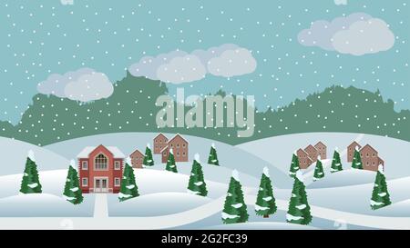 Dorf Winter Weihnachten Landschaft Szene. Cartoon Hintergrund mit Stadthäusern, Hügeln und Nadelbäumen im Schnee, kann in Spiel Asset verwendet werden. Horizontal Stock Vektor