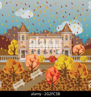 Cartoon Märchenschloss oder reiches Herrenhaus in Herbstlandschaft mit bunten Bäumen und fallenden Blättern. Verwenden Sie diese für den Hintergrund von Cartoon- oder Game-Assets. Ve Stock Vektor