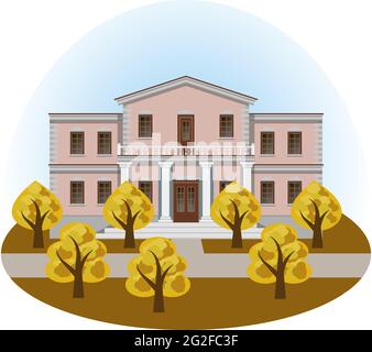 Herrenhaus in Herbstlandschaft, Vorderansicht. Bunte Cartoon-Szene mit Herrenhaus und Herbstbäumen. Vektorgrafik Stock Vektor