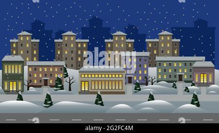 Winter Nacht Stadtbild Vektor Cartoon Hintergrund. Moderne Stadtlandschaft mit Wohnhäusern und Ladengebäuden, Schnee und Bäumen. Weihnachten oder New Y Stock Vektor