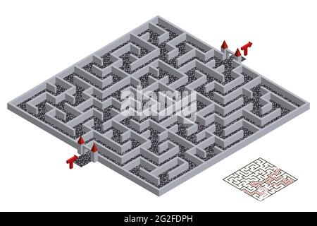 3d-Labyrinth, isometrisches Labyrinth. Mittelalterliche Stadtmauern und Straßen Design für Flucht oder Puzzle-Spiel Level-Karte. Isometrische Ansicht mit Lösung. Vektor illustrr Stock Vektor