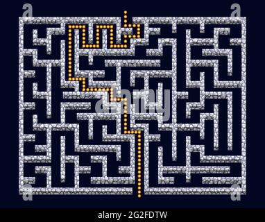 3D Labyrinth, Labyrinth mit Steinwänden und Lösung. Puzzle-Spiel-Level-Design, Ansicht von oben nach unten. Vektorgrafik Stock Vektor