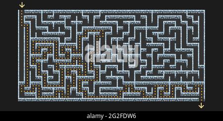 3D Labyrinth, Labyrinth mit Steinwänden und Lösungsweg. Spiel-Level-Design für Dungeon Flucht oder Kinder Puzzle-Spiel Asset. Draufsicht. Vektorgrafiken Stock Vektor