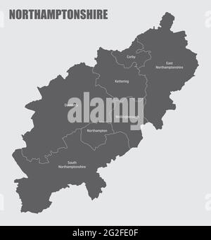 Northamptonshire County Verwaltungskarte in Bezirke mit Etiketten, England aufgeteilt Stock Vektor