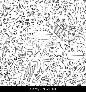 Baby kritzelt nahtloses Muster. Kinder handgezeichnete Symbole auf weißem Hintergrund. Vektorgrafik. Stock Vektor