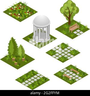 Garten isometrisches Fliesenset. Isolierte isometrische Fliesen zur Gestaltung der Gartenlandschaft. Cartoon- oder Spielanlage mit Gras, Bäumen, Blumen, gepflasterten Spaziergängen, Stock Vektor